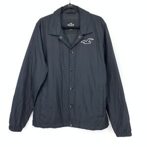 Hollister Mens Coach Jacket Windbreaker Black Seagull Logo Snap Front Size L